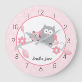Lichtroze en grijze Happy Owls Girl Nursery Grote Klok