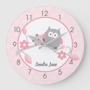 Lichtroze en grijze Happy Owls Girl Nursery Grote Klok