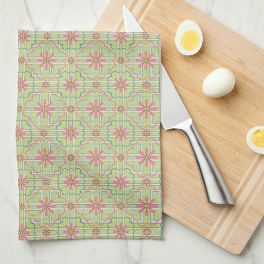 Lichtroze en Mint Groene Floral Theedoek (Quarter Fold)