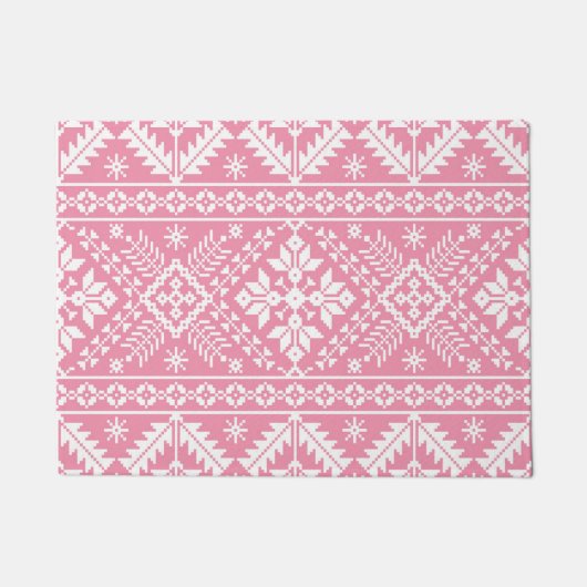 Lichtroze en witte Fair Isle kerstpatroon Deurmat (Voorkant)