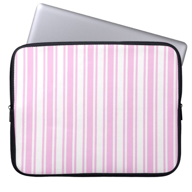 Lichtroze en witte snoepjes strepen laptop sleeve (Voorkant)