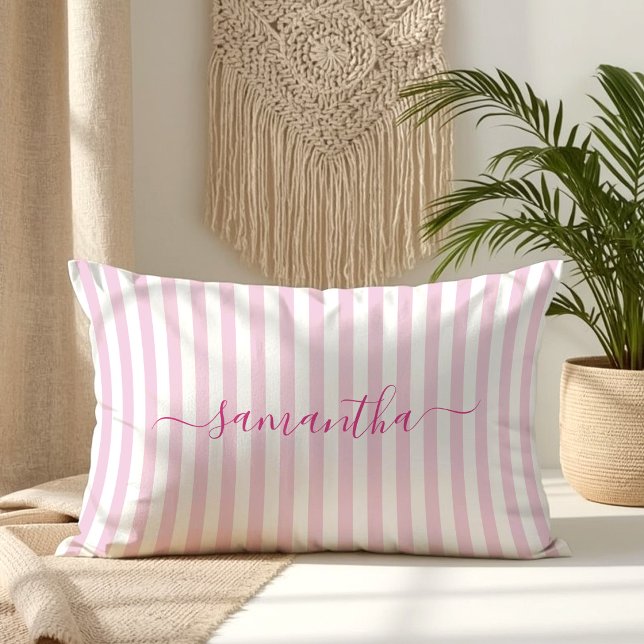 Lichtroze en Witte Speldestrepen Handtekening Kussen (Light Pink and White Pin Stripes Signature Lumbar Pillow)