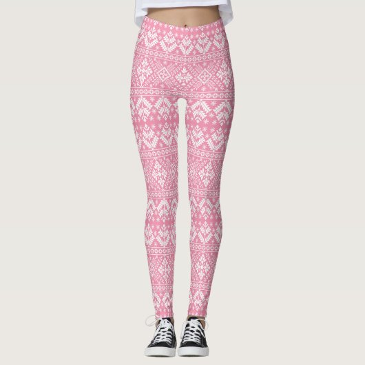 Lichtroze en witte winterfeestdag leggings (Voorkant)