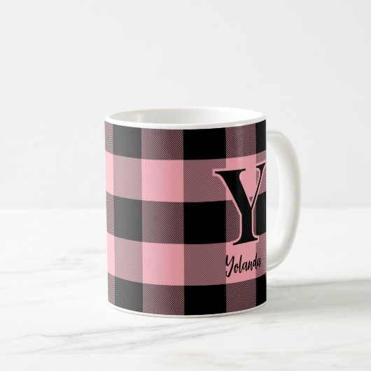 Lichtroze en zwarte Buffalo Plaid Custom Koffiemok (Voorkant rechts)