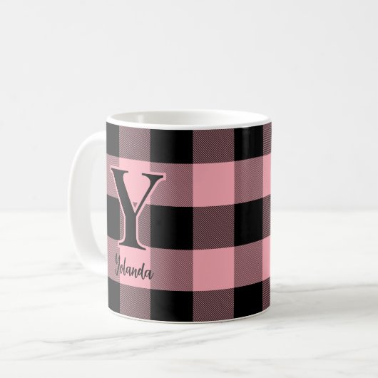 Lichtroze en zwarte Buffalo Plaid Custom Koffiemok (Voorkant links)