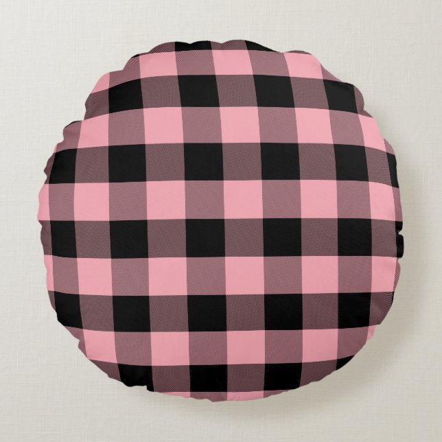 Lichtroze en zwarte Buffalo Plaid Rond Kussen (Voorkant)