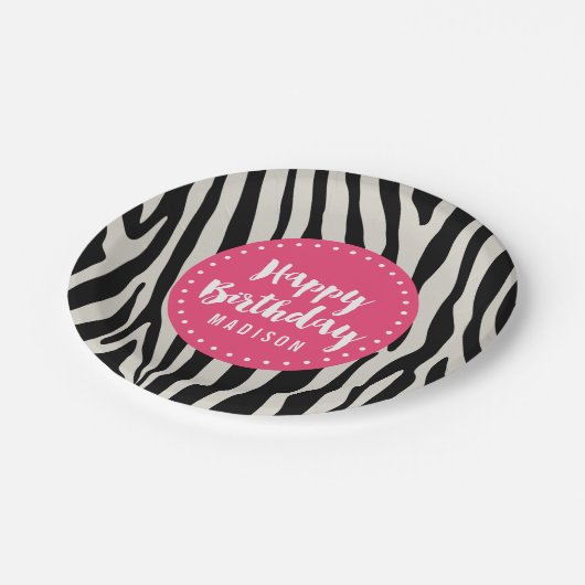 Lichtroze en zwarte Zebra Stripe Verjaardagsfeest Papieren Bordje (Gekanteld)