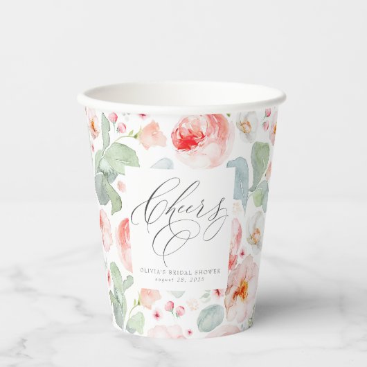 Lichtroze Floral Elegant Cheers Papieren Bekers (Voorkant)