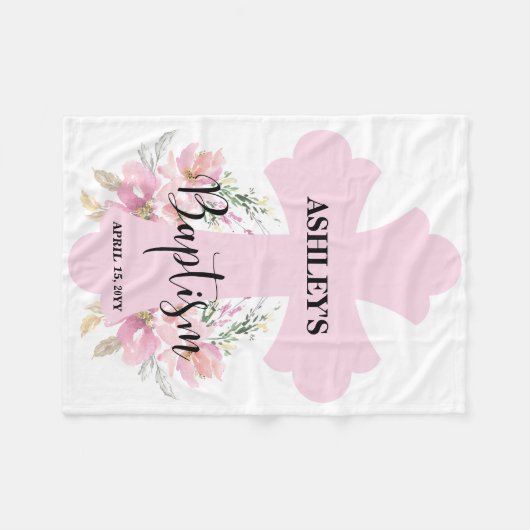 Lichtroze Floral met Cross Baptisme Fleece Deken (Voorkant (Horizontaal))