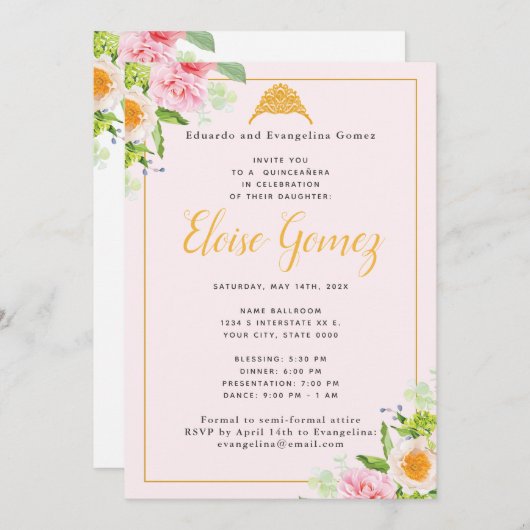 Lichtroze Floral Spring Quinceanera Uitnodiging (Voorkant / Achterkant)