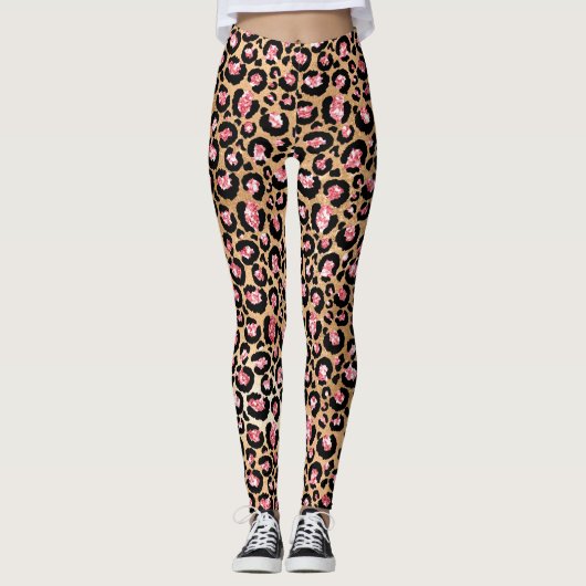 Lichtroze Folie & goudglam Glitter Lopard Spots Leggings (Voorkant)