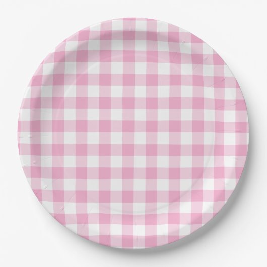 Lichtroze geruite gingham papieren bordje (Voorkant)