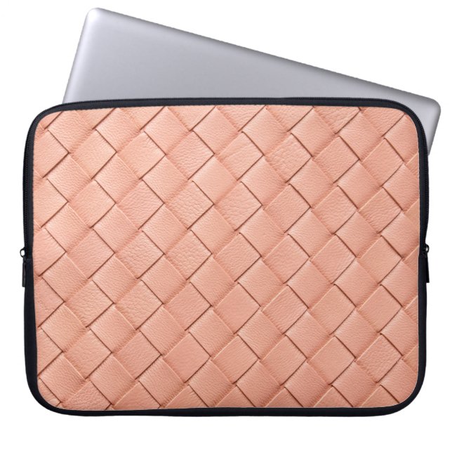 Lichtroze geweven ledertextuur laptop sleeve (Voorkant)