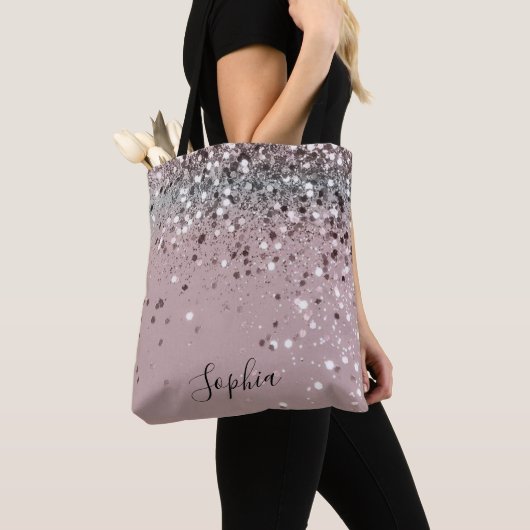 Lichtroze Glitter Girly Monogram Naam Canvas tas (Dichtbij)