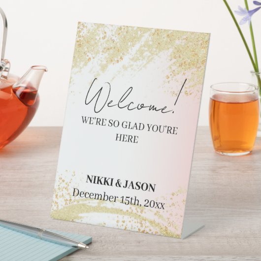 Lichtroze Glitter Gouden Splash Bruiloft Welkom Reclamebord Met Voetstuk (Insitu)