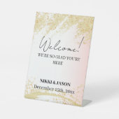 Lichtroze Glitter Gouden Splash Bruiloft Welkom Reclamebord Met Voetstuk (Voorkant)