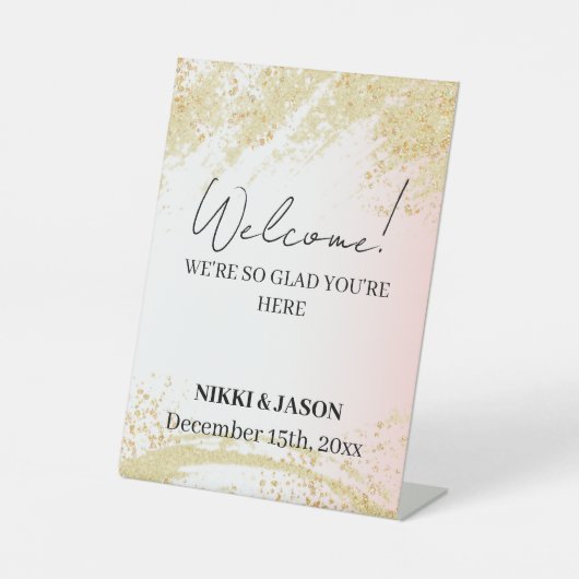 Lichtroze Glitter Gouden Splash Bruiloft Welkom Reclamebord Met Voetstuk (Voorkant)