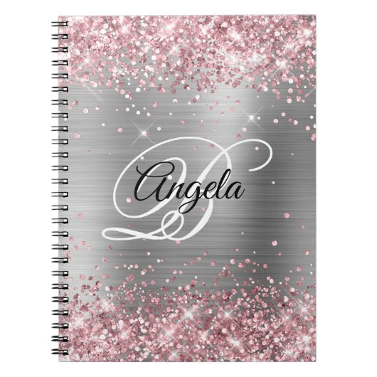 Lichtroze Glitter Metallic Zilveren Fancy Monogram Notitieboek (Voorkant)
