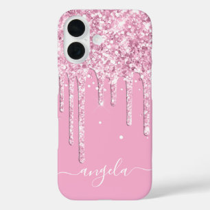 Lichtroze Glitterdruppels Glam Handtekening iPhone 16 Hoesje