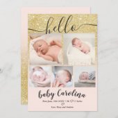 lichtroze goud 5 rasterfoto baby bevallen aankondiging (Voorkant / Achterkant)