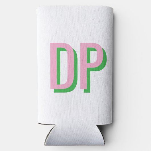 Lichtroze + groen monogram bruidsmeisje seltzer blikjeskoeler (Achterkant)