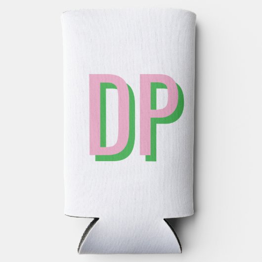 Lichtroze + groen monogram bruidsmeisje seltzer blikjeskoeler (Voorkant)