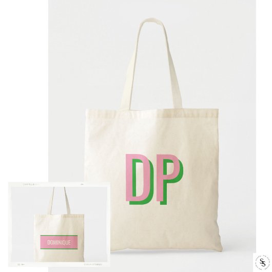 Lichtroze + groen monogram bruidsmeisje tote bag