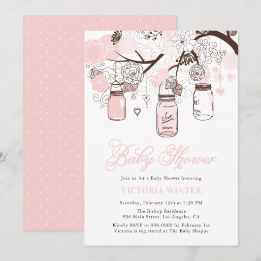 Lichtroze hangende Mason Jars Baby shower Kaart (Voorkant / Achterkant)