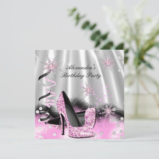 Lichtroze hoge hoogvlakken Zilver Birthday Party Kaart (Staand voorkant)