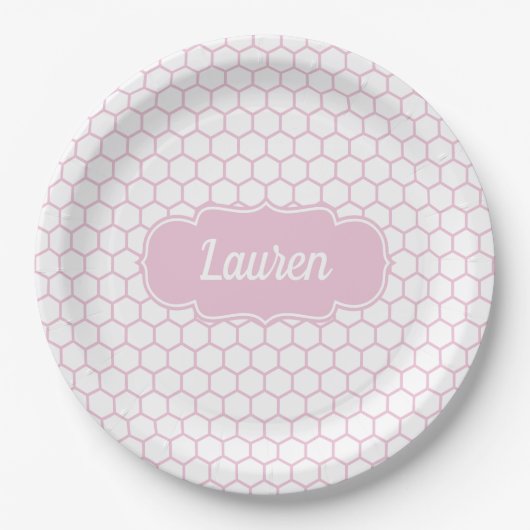 Lichtroze Honeycomb Aangepast monogram Papieren Bordje (Voorkant)