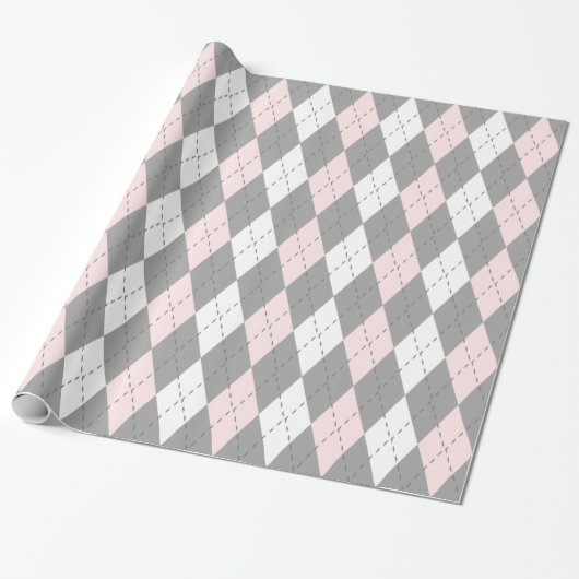 Lichtroze Houtskool Donkergrijs Wit XL Argyle Cadeaupapier (Uitgerold)