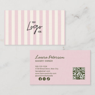 Lichtroze & Ivoorkleurige Strepen Bakkerij Logo QR Visitekaartje