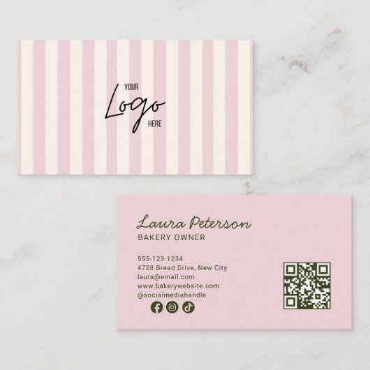 Lichtroze & Ivoorkleurige Strepen Bakkerij Logo QR Visitekaartje (Voorkant / Achterkant)