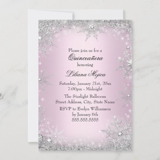 Lichtroze kristal Snowflake Princess Quinceanera Kaart (Achterkant)