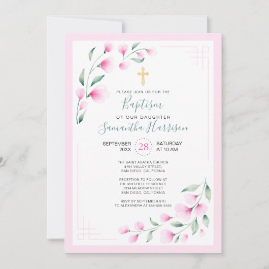 Lichtroze luchtige Waterverf Bloemen Meisje Doop Kaart (Voorkant)