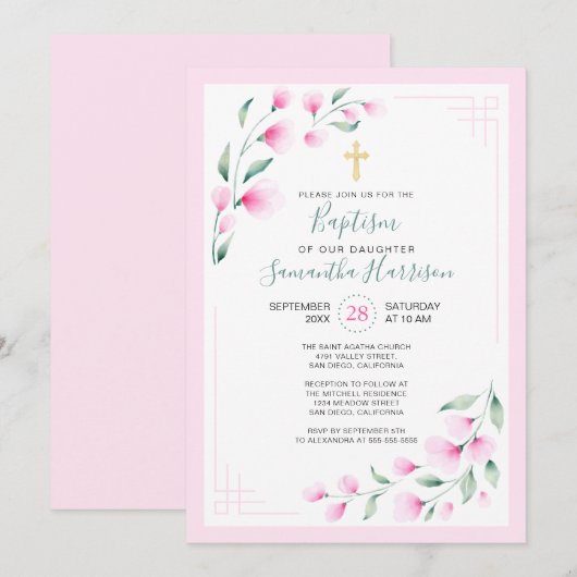 Lichtroze luchtige Waterverf Bloemen Meisje Doop Kaart (Voorkant / Achterkant)