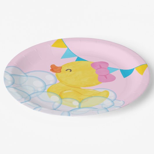 Lichtroze Meisje Waterverf Rubber Duck Party Papieren Bordje (Gekanteld)