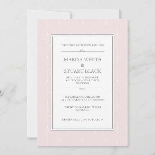 Lichtroze moderne Art Deco bruiloft uitnodiging (Voorkant)