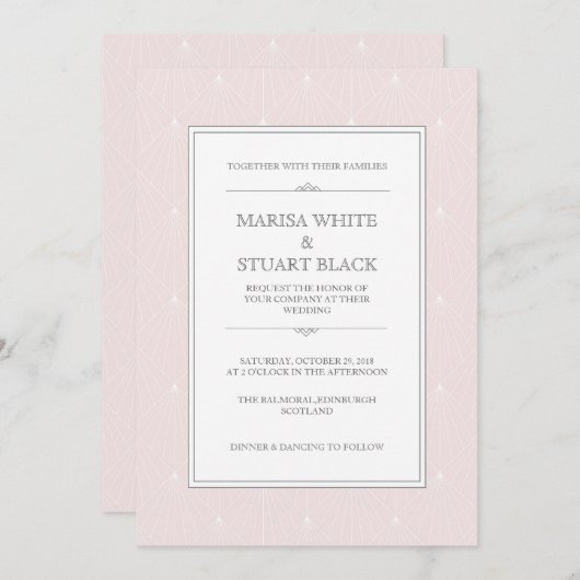 Lichtroze moderne Art Deco bruiloft uitnodiging (Voorkant / Achterkant)