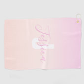Lichtroze & perzikgradiënt Ombre Naam & Monogram Golfhanddoek (Horizontaal)
