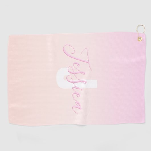 Lichtroze & perzikgradiënt Ombre Naam & Monogram Golfhanddoek (Horizontaal)