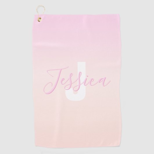 Lichtroze & perzikgradiënt Ombre Naam & Monogram Golfhanddoek (Voorkant)