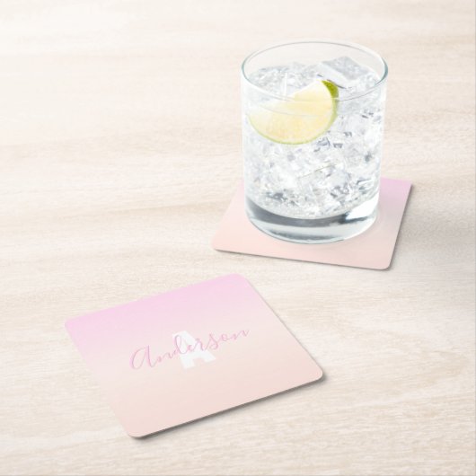 Lichtroze & perzikgradiënt Ombre Naam & Monogram Kartonnen Onderzetters (Insitu)