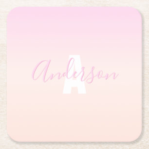 Lichtroze & perzikgradiënt Ombre Naam & Monogram Kartonnen Onderzetters