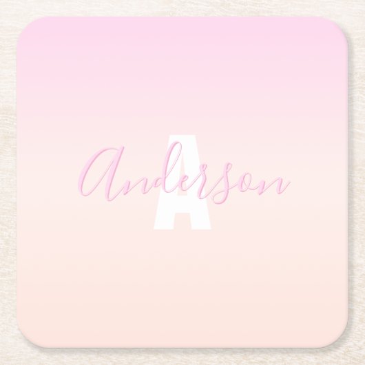 Lichtroze & perzikgradiënt Ombre Naam & Monogram Kartonnen Onderzetters (Voorkant)