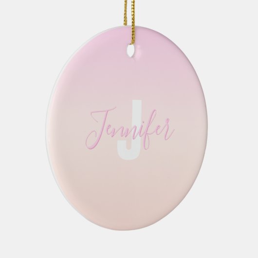 Lichtroze & perzikgradiënt Ombre Naam & Monogram Keramisch Ornament (Rechts)