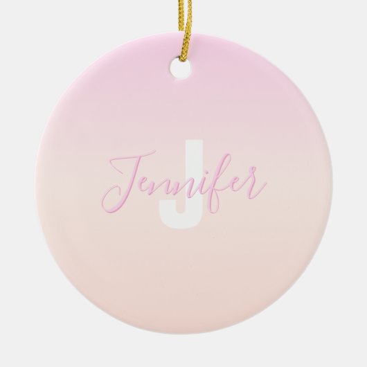 Lichtroze & perzikgradiënt Ombre Naam & Monogram Keramisch Ornament (Voorkant)