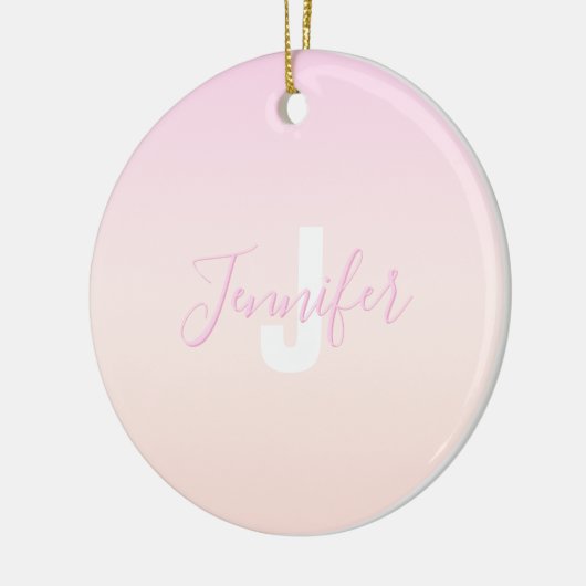 Lichtroze & perzikgradiënt Ombre Naam & Monogram Keramisch Ornament (Links)