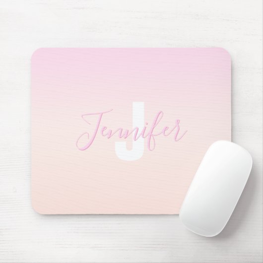 Lichtroze & perzikgradiënt Ombre Naam & Monogram Muismat (Met muis)