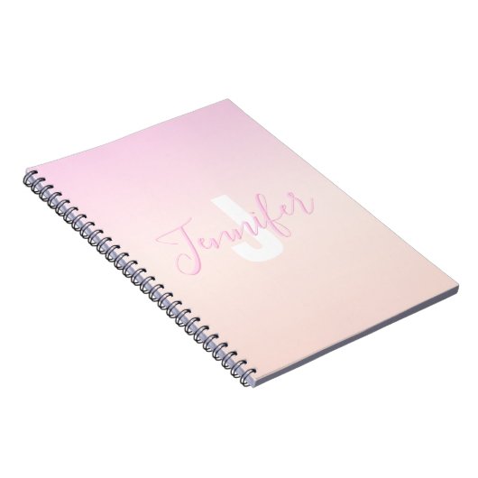 Lichtroze & perzikgradiënt Ombre Naam & Monogram Notitieboek (Rechterzijde)